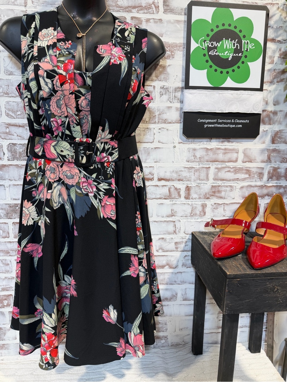 Floral Belted Fit-and-Flare Dress - Black with Pink Floral size 16
